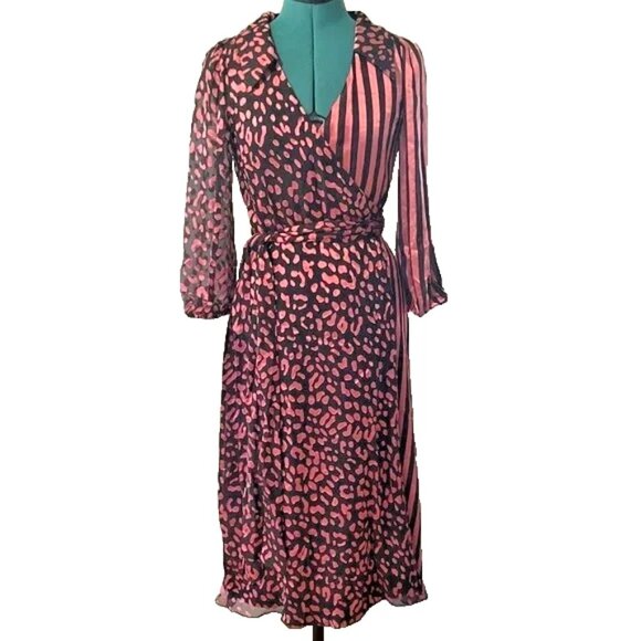 Alice + Olivia Silk Blend Wrap Dress Striped Animal Print size 2 - Picture 2 of 7